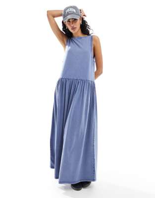 Asos Design Sleeveless Smock Maxi Dress With Low Back In Indigo Wash-blue