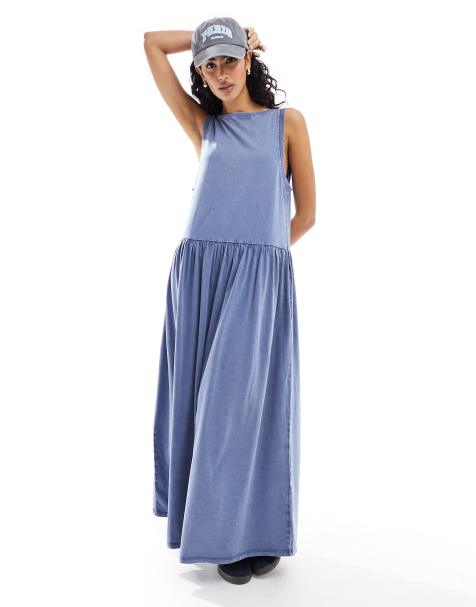 ASOS DESIGN sleeveless smock maxi dress with low back in indigo wash - view 1