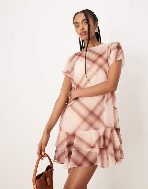 ASOS DESIGN sleeveless smock ruffle mini in pink check - view 1