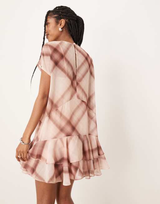 ASOS DESIGN sleeveless smock ruffle mini in pink check, 3 of 4