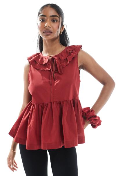 ASOS DESIGN sleeveless smock top with broderie collar and tie neck in burgundy - view 1