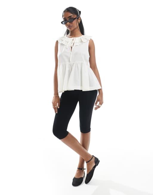 ASOS DESIGN sleeveless smock top with broderie collar and tie neck in stone, 2 of 4