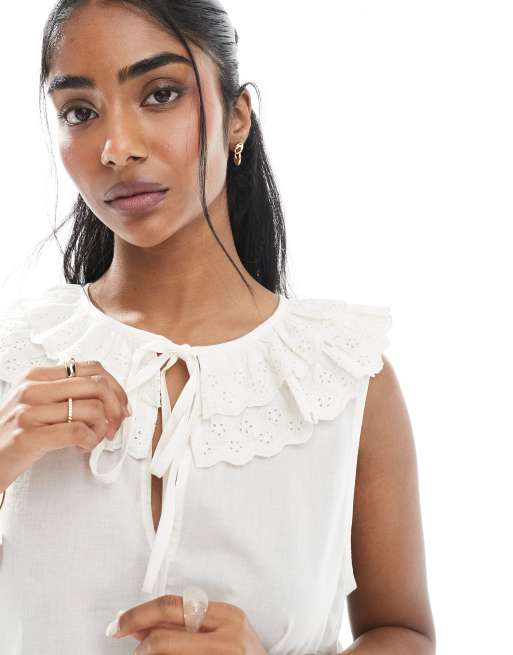 ASOS DESIGN sleeveless smock top with broderie collar and tie neck in stone, 3 of 4