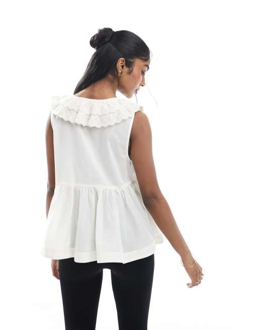 ASOS DESIGN sleeveless smock top with broderie collar and tie neck in stone, 4 of 4