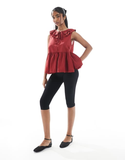 ASOS DESIGN sleeveless smock top with eyelet collar and tie neck in burgundy, 2 of 4