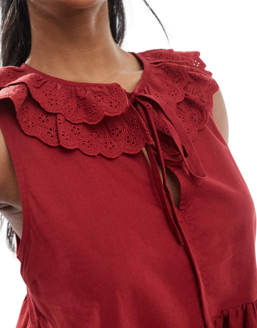 ASOS DESIGN sleeveless smock top with eyelet collar and tie neck in burgundy, 3 of 4