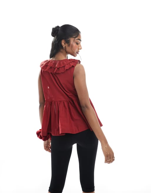 ASOS DESIGN sleeveless smock top with eyelet collar and tie neck in burgundy, 4 of 4