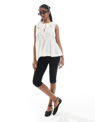 Asos Design Sleeveless Smock Top With Eyelet Collar And Tie Neck In Neutral
