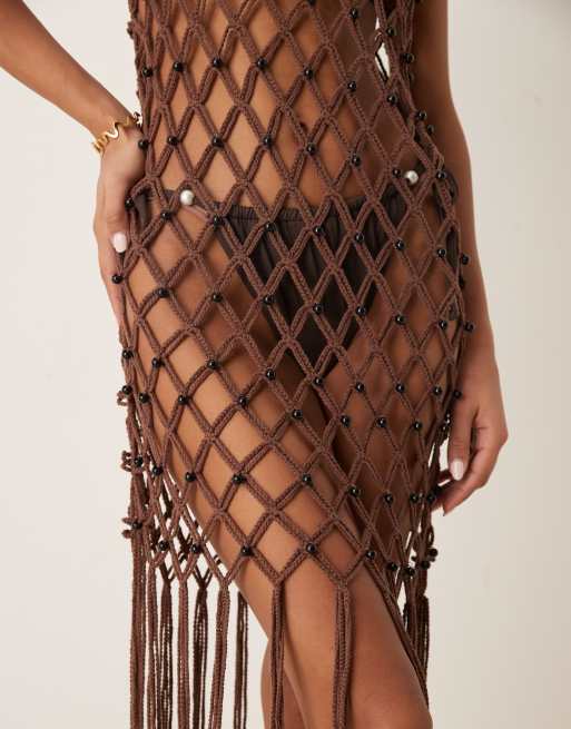 ASOS DESIGN sleeveless stitched mini dress with beads in chocolate | ASOS