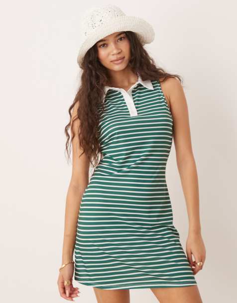 ASOS DESIGN sleeveless stripe polo mini dress in green stripe - view 1