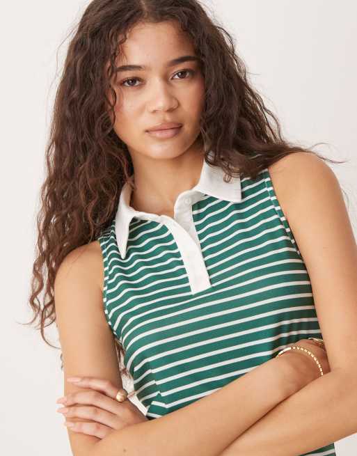ASOS DESIGN sleeveless stripe polo mini dress in green stripe, 3 of 4