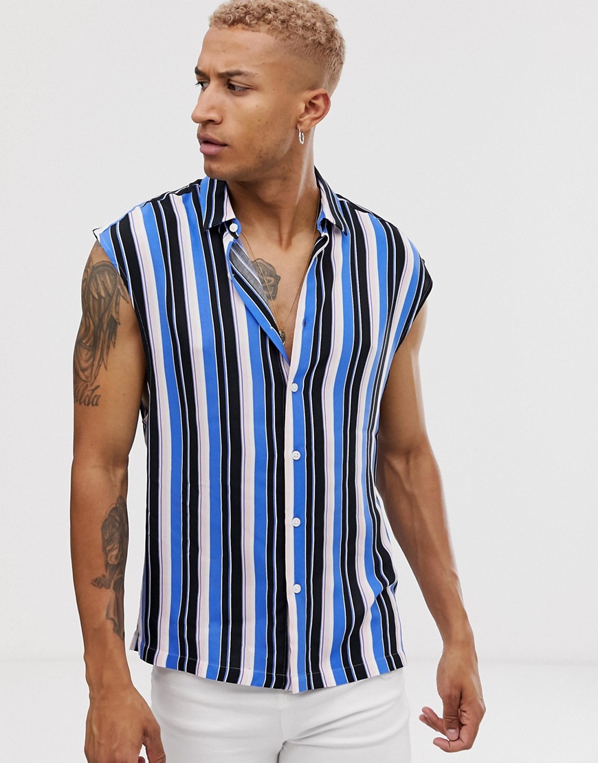 ASOS DESIGN sleeveless stripe shirt in blue and pink
