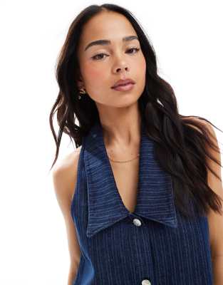 Asos Design Sleeveless Striped Denim Top With Sailor Collar-navy In Navy