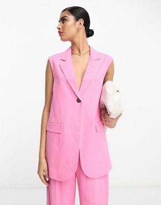 ASOS DESIGN sleeveless suit blazer with linen in pink - ASOS Price Checker