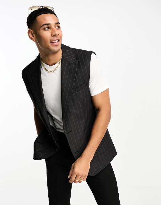 ASOS DESIGN sleeveless suit jacket in grey pinstripe