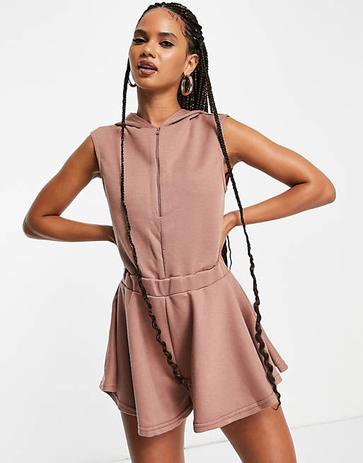  sleeveless sweat hoodie playsuit in taupe 