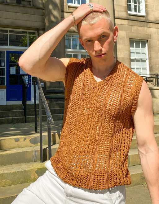 ASOS DESIGN Sleeveless Sweater Vest In Crochet Knit In Tan, Asos Mens  Vests Sale