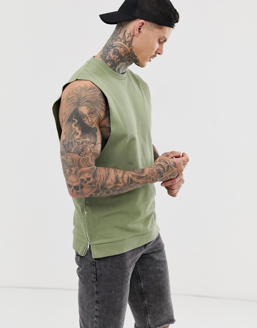 ASOS DESIGN sleeveless sweatshirt with dropped arm hole with side seam zips-Green