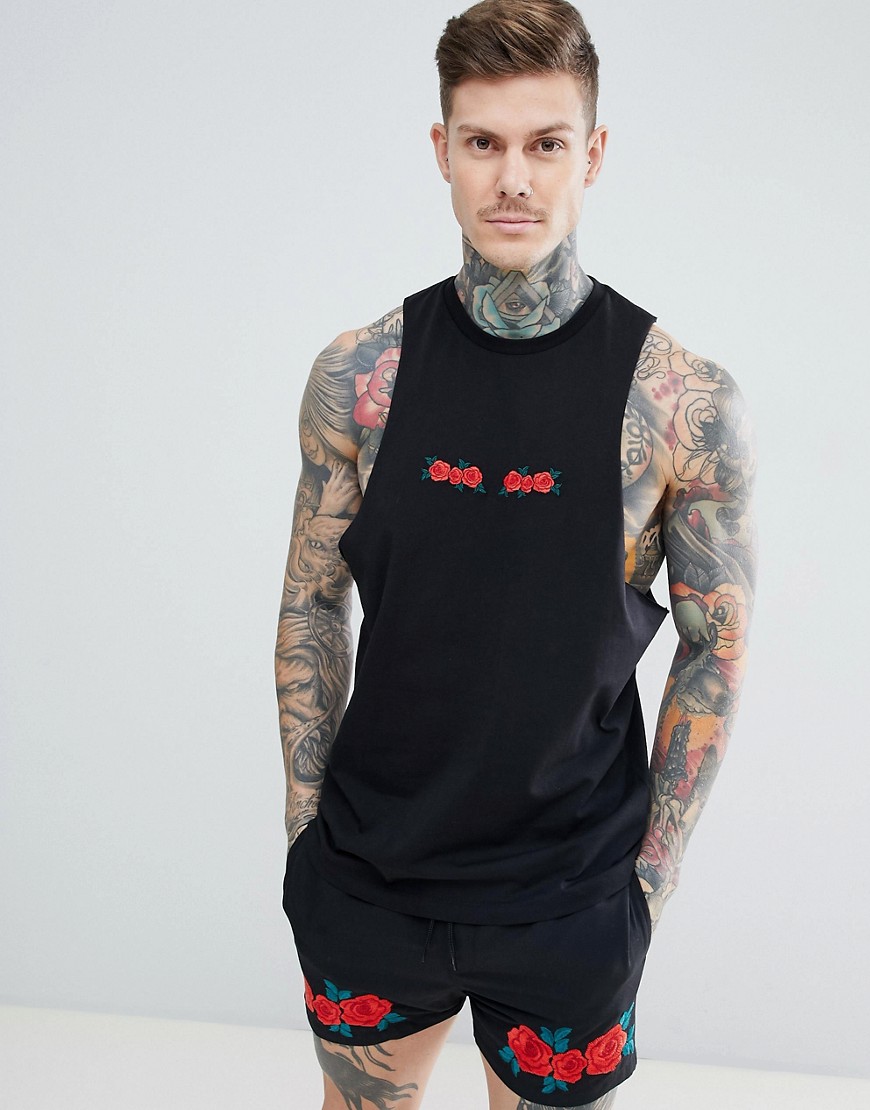 ASOS DESIGN sleeveless t-shirt with dropped armhole and rose embroidery two-piece-Black