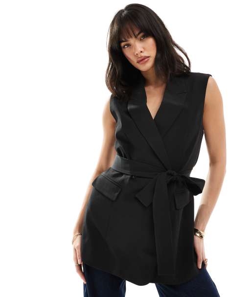 ASOS DESIGN sleeveless tailored blazer with tie waist in black - view 1