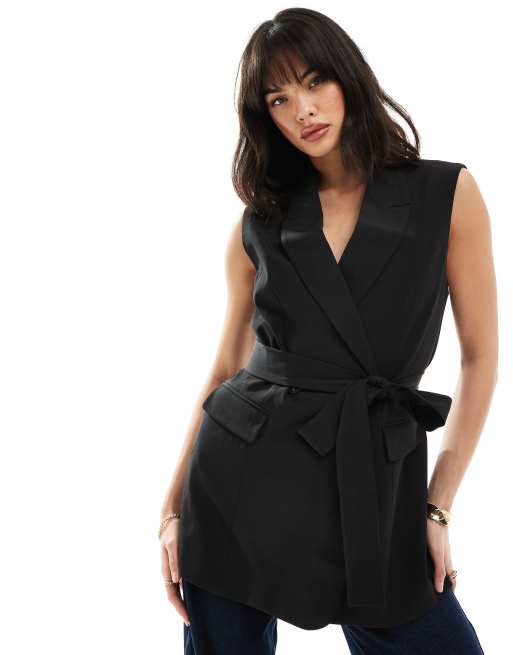 ASOS DESIGN sleeveless tailored blazer with tie waist in black ASOS