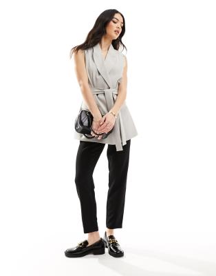 sleeveless tailored blazer with tie waist in light gray