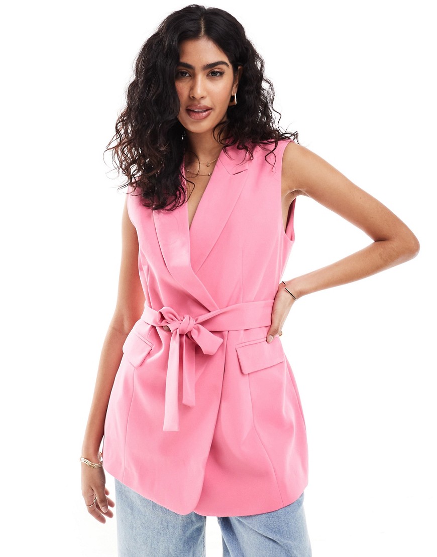 ASOS DESIGN sleeveless tailored blazer with tie waist in soft pink