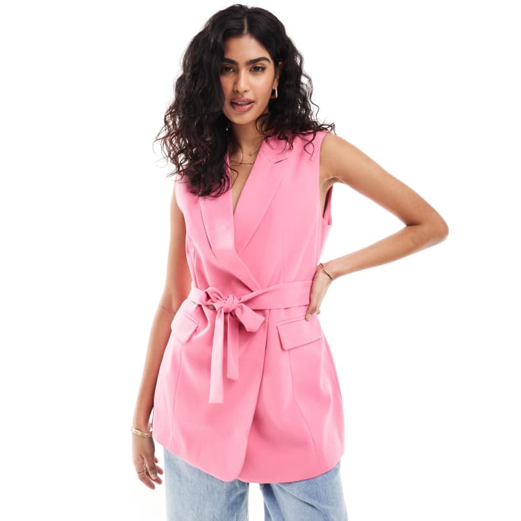 ASOS DESIGN sleeveless tailored blazer with tie waist in soft pink