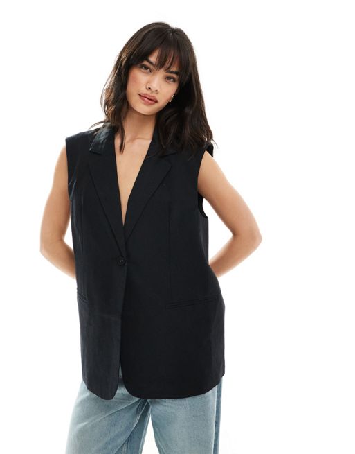 FhyzicsShops DESIGN sleeveless tailored linen mix blazer in black