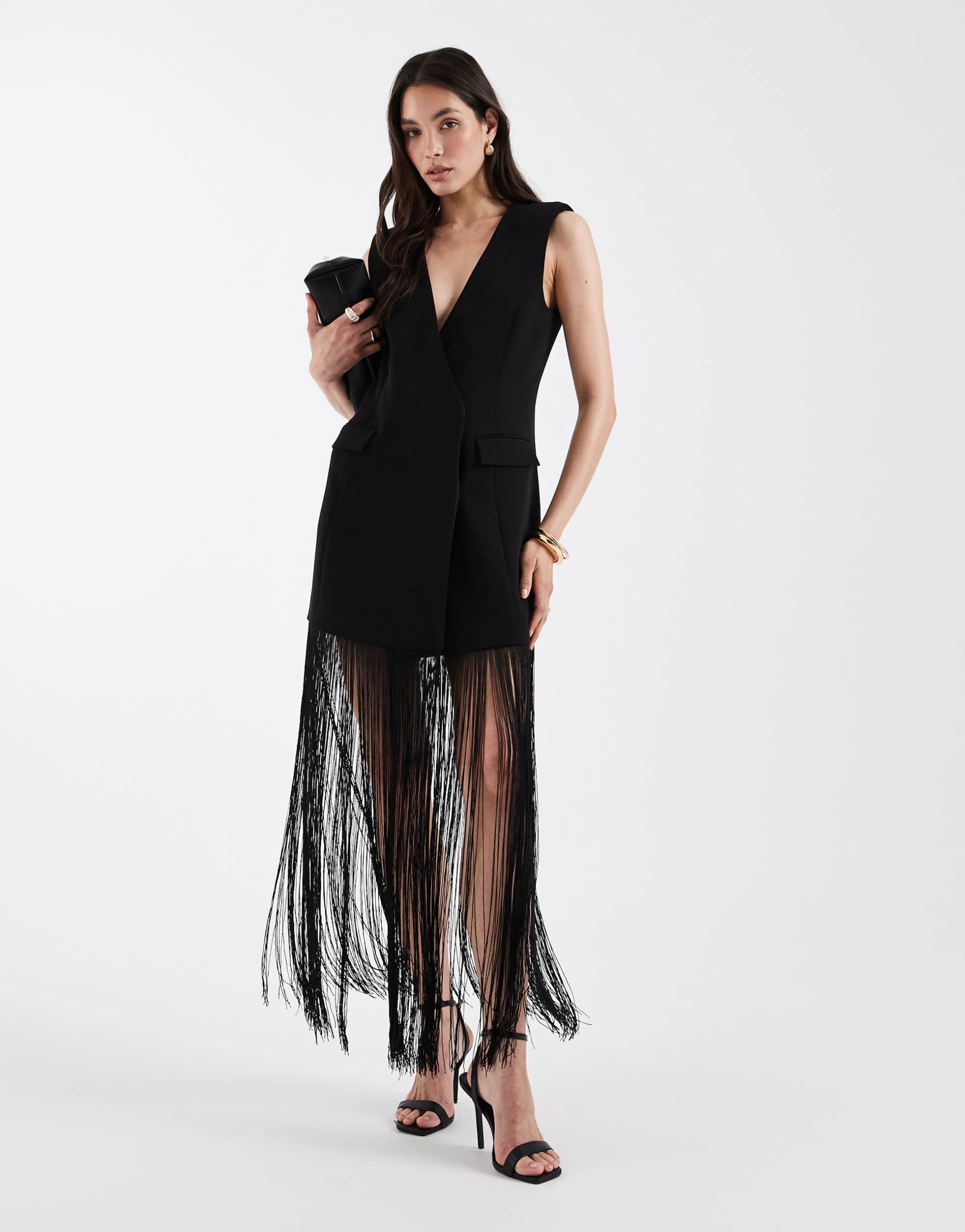 asos design sleeveless tailored tassel detailing blazer dress in black
