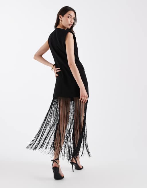 ASOS DESIGN sleeveless tailored tassel detailing blazer dress in black, 3 of 4