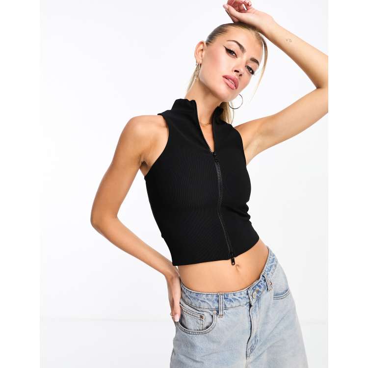 ASOS DESIGN leather look ruched shoulder high neck tank top in black