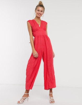 red and white polka dot jumpsuit