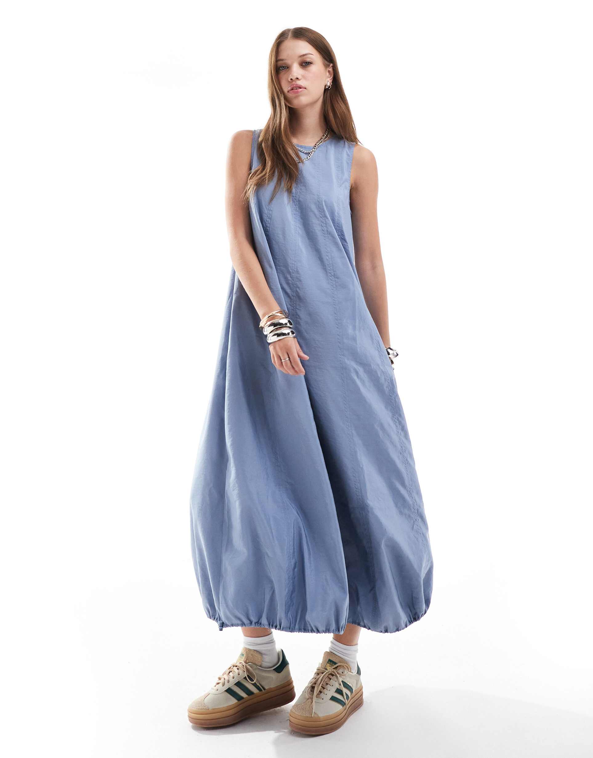 asos design sleeveless tech maxi dress with functioning toggle and puffball hem in ice blue