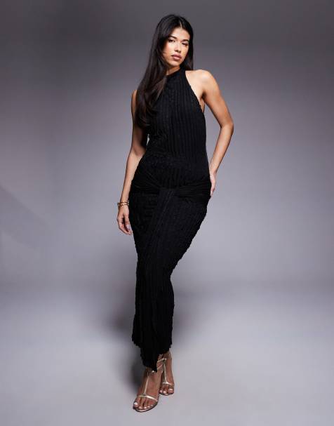 ASOS DESIGN sleeveless textured midi dress with drape detail in black - view 1