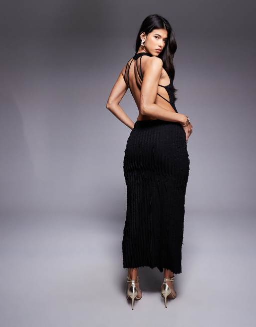 ASOS DESIGN sleeveless textured midi dress with drape detail in black, 4 of 4