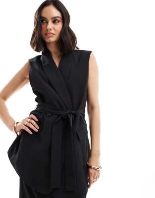 Asos Design Sleeveless Blazer With Waist Tie In Black