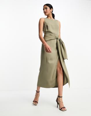 ASOS DESIGN sleeveless tie front midi dress in soft khaki