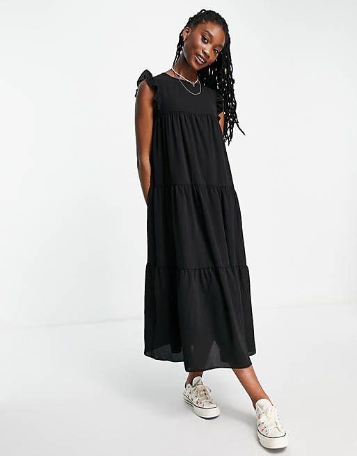  sleeveless tiered midi dress with frills in black 