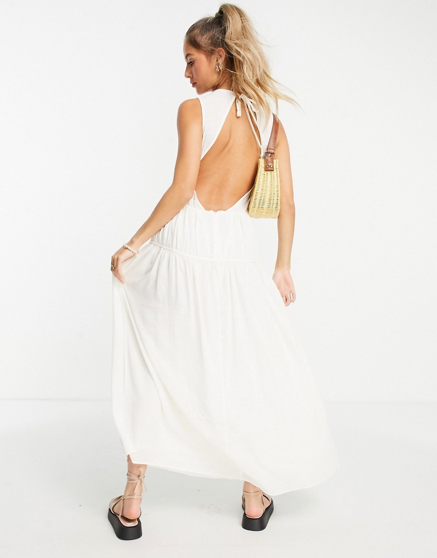 ASOS DESIGN sleeveless tiered ruched midi dress in cream-White