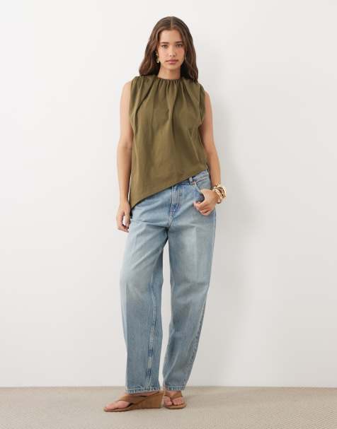 ASOS DESIGN sleeveless top with asyementric hem in khaki - view 1
