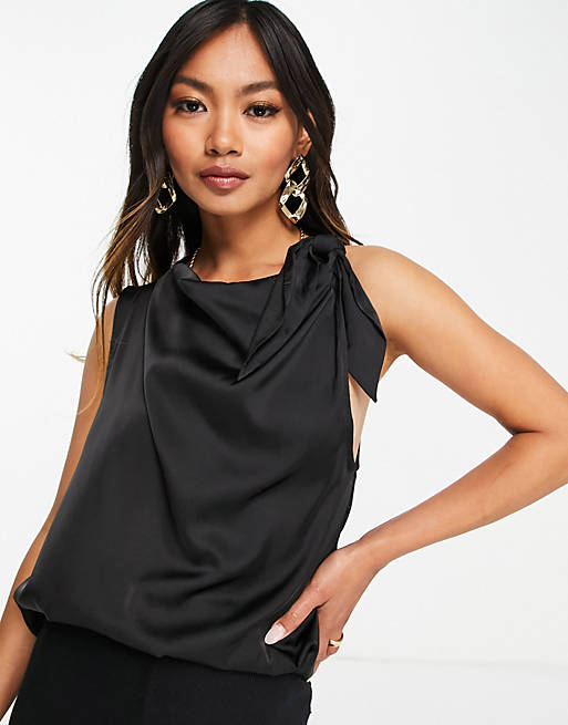 ASOS DESIGN sleeveless top with drape front and tie neck detail in black