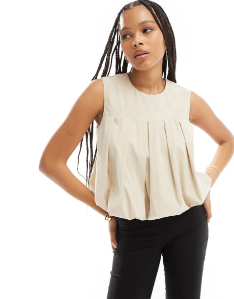 ASOS DESIGN sleeveless top with puffball hem in cream - view 1