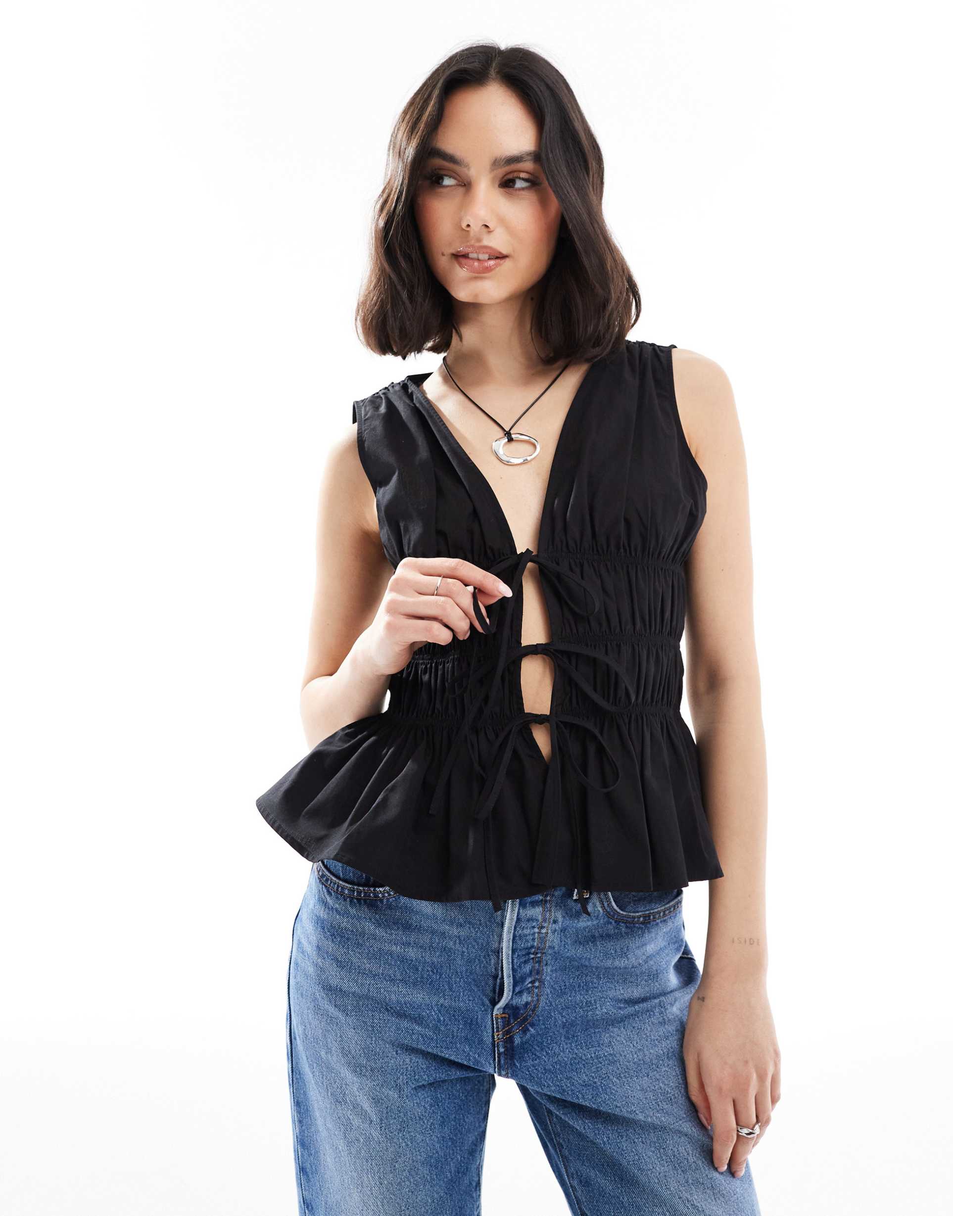 asos design sleeveless top with tie waist detail in black