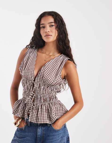 ASOS DESIGN sleeveless top with tie waist detail in brown gingham - view 1