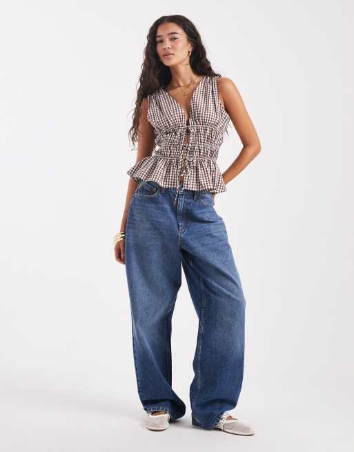 ASOS DESIGN sleeveless top with tie waist detail in brown gingham