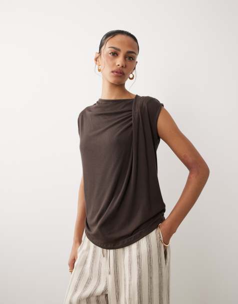 ASOS DESIGN sleeveless top with wrap neck detail in chocolate - view 1