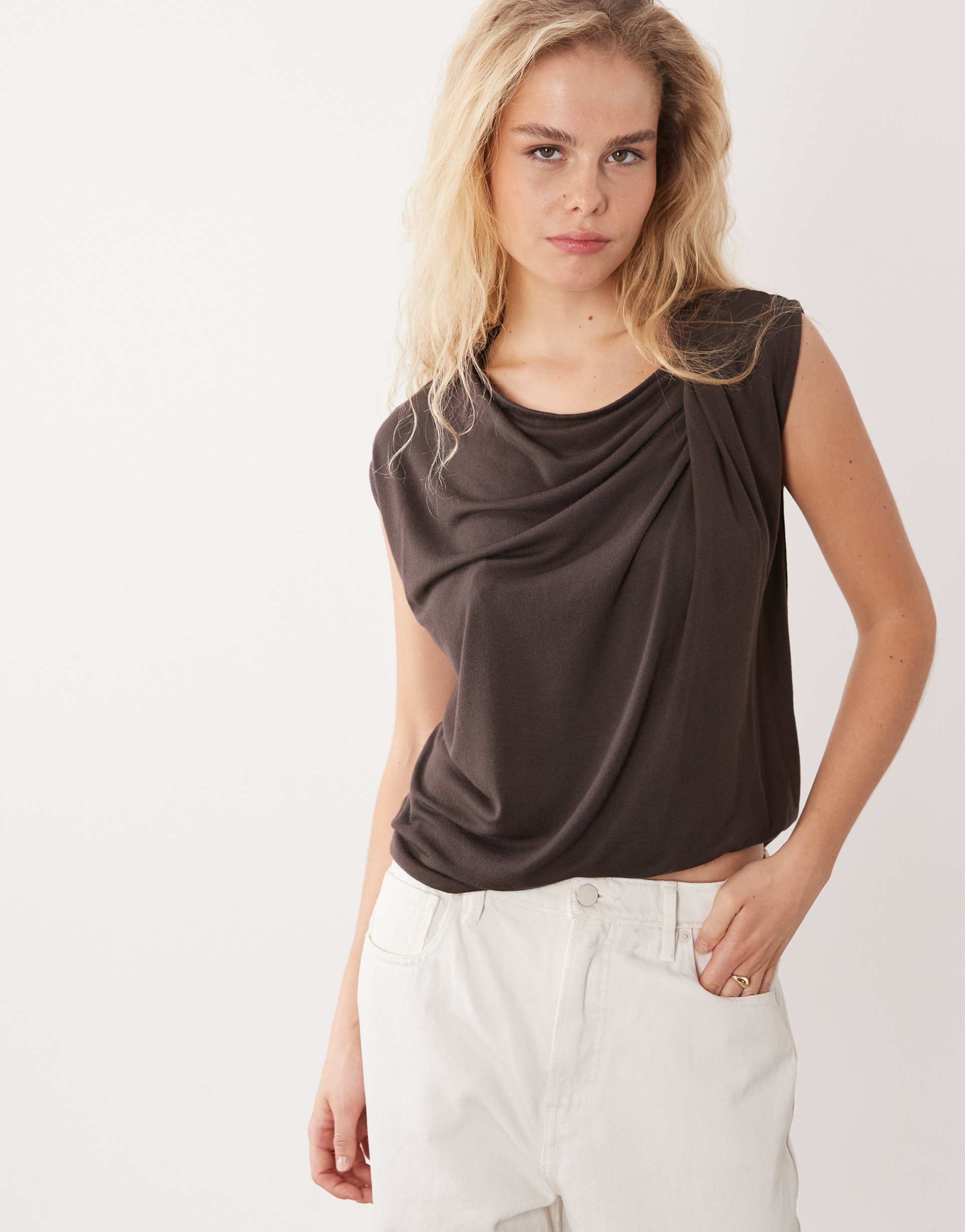 asos design sleeveless top with wrap neck detail in chocolate