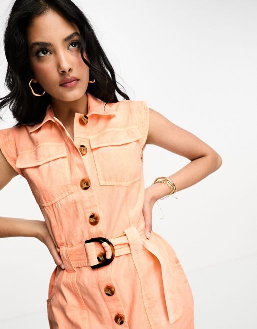 ASOS DESIGN sleeveless twill mini shirt dress with D ring buckle detail in  peach