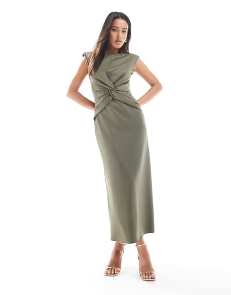 ASOS DESIGN sleeveless twist front midi dress in khaki - view 1